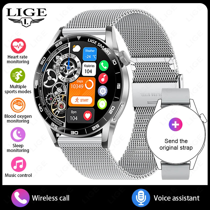 LIGE Full Touch Smartwatch Outdoor Military Smart Watch 1.38" HD Screen Bluetooth Call IP68 Waterproof Sport Fitness Watches Men