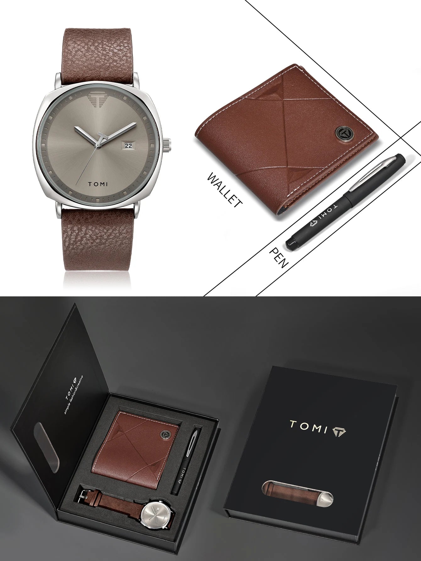 TOMI 3PCS Simple Business Men Watch Wallet Gift Box Set High Quality Classic Versatile Men Quartz Watch Clock Gifts Reloj