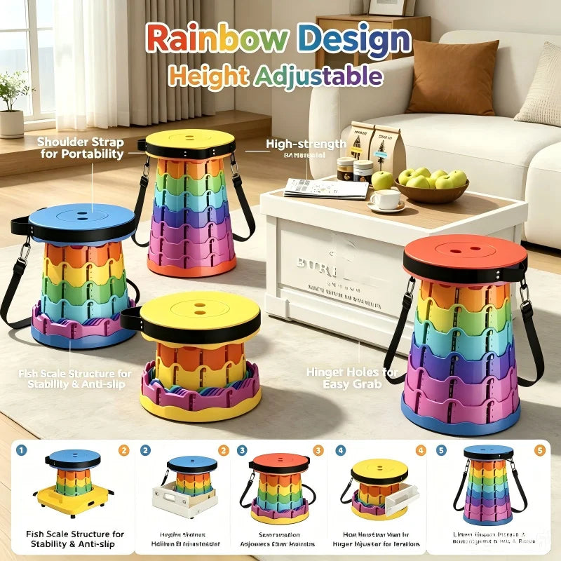 Adjustable Rainbow Telescopic Folding Stool Portable Plastic Retractable Seat Lightweight Outdoor Travel Camping Fishing Stool M