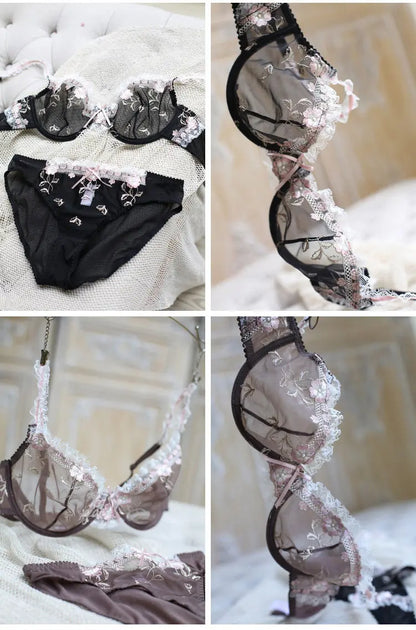 Ultra-thin steel band bra, fashionable plus-size lace lingerie set, transparent comfy bra set, soft material, S-XL all-day wear