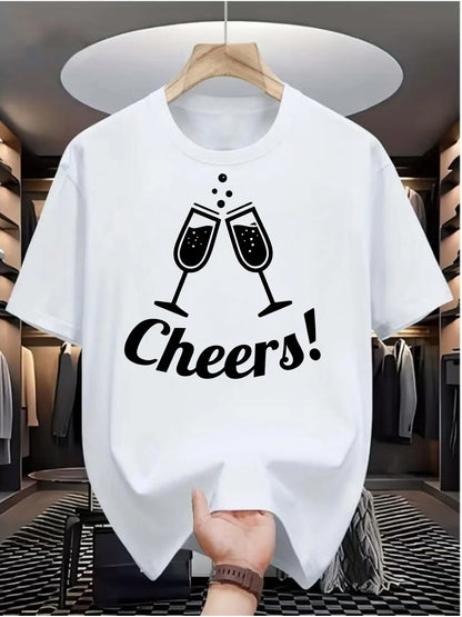 Summer Male Casual White T Shirt Minimalist Cheers Clinking Champagne Cups Print Soft Cotton Short Sleeve Celebration Top
