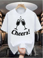 Summer Male Casual White T Shirt Minimalist Cheers Clinking Champagne Cups Print Soft Cotton Short Sleeve Celebration Top