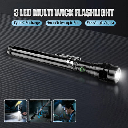 Rechargeable LED Flashlight,3LED Magnetic Work Light,360° Bendable Waterproof Lantern for Car Repair,Hunting,Camping,Emergency
