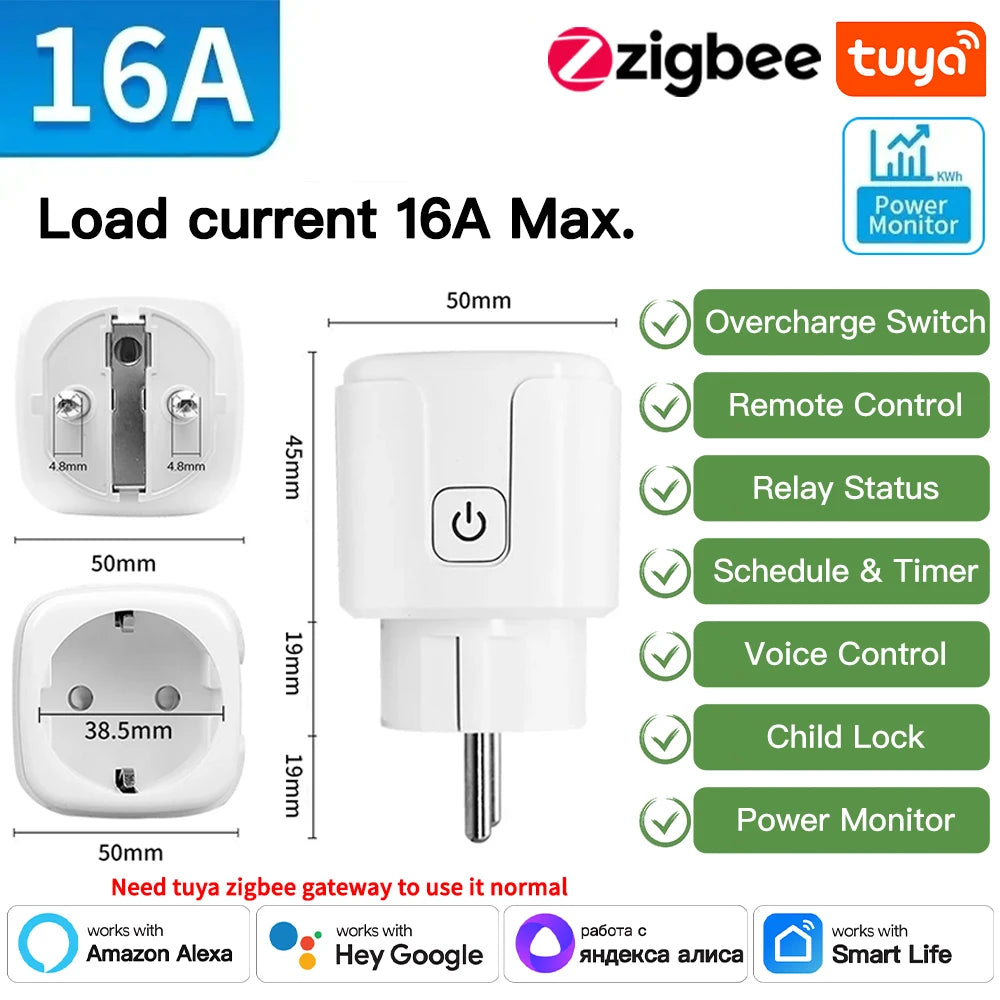 TNCE Tuya wifi or Zigbee3.0 Socket EU Plug 16/20A with Power Monitor Remote Control Smart Life APP Voice Alexa Google Home Alice