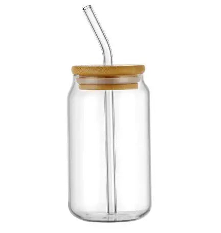 16oz Glass Drinking Cup Comes with A Bamboo Lid and A Glass Straw Suitable for Cocktails Coffee Beverages Etc.