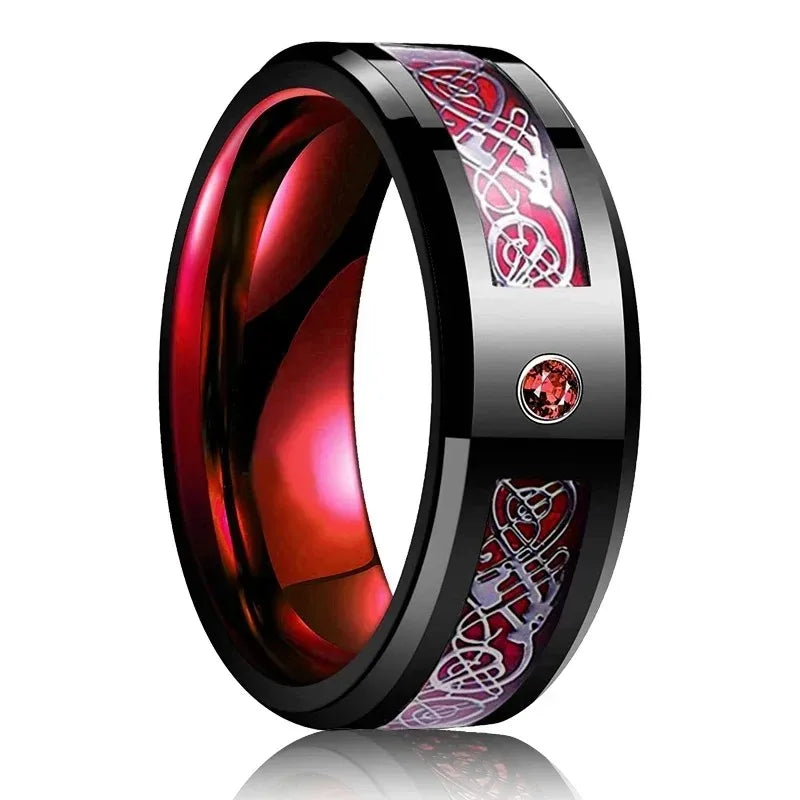 30 Colors Fashion 8MM Men Stainless Steel Celtic Dragon Rings Inlay Carbon Fiber Rings For Men Women Wedding Party Jewelry Gifts