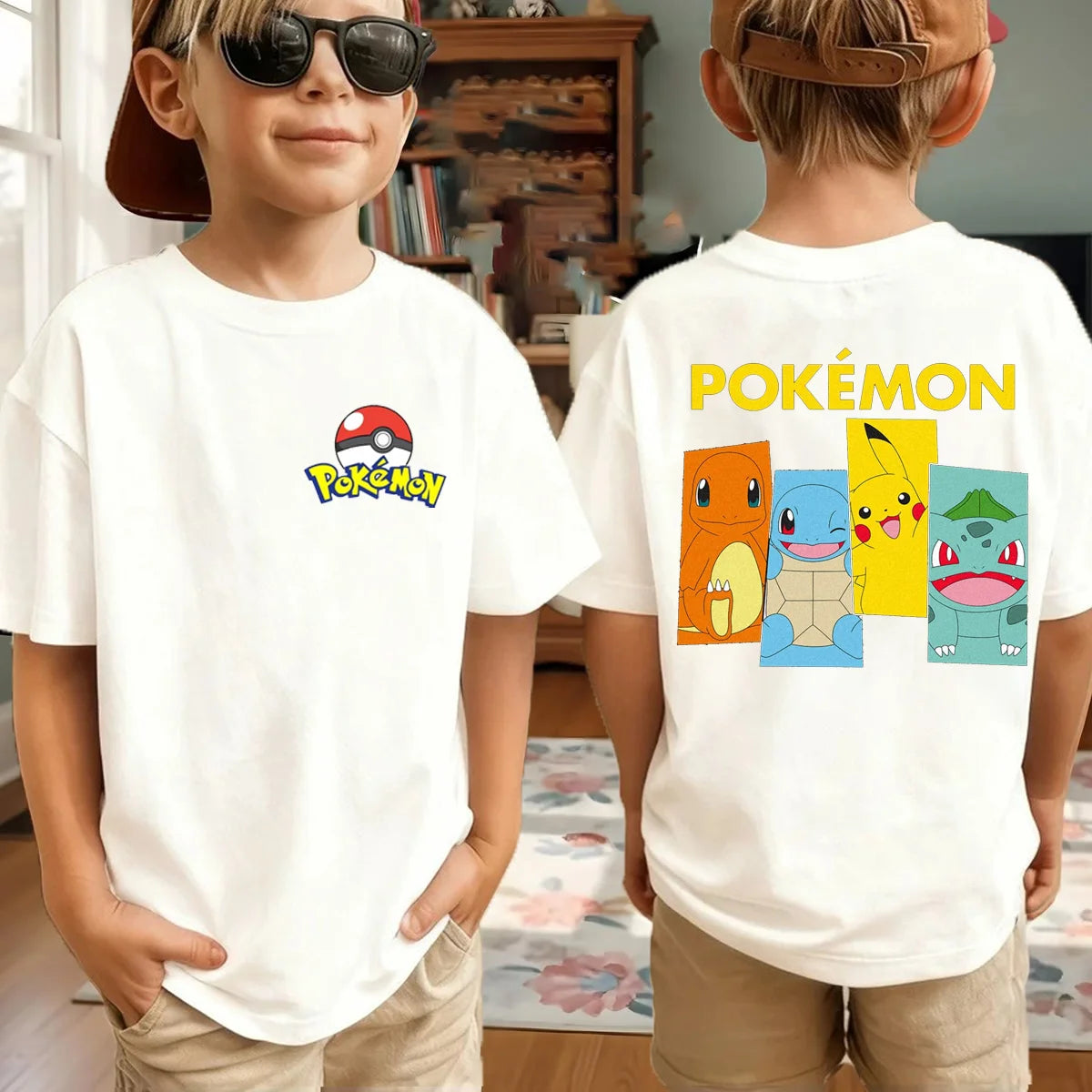 Summer Pokémon AnimeT-shirts Boys Pure Cotton Short-sleeved Top Casual Suitable for Both Boys and Girls, Parent-child Outfits.