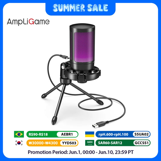 AmpliGame by FIFINE RGB USB Gaming Microphone with Light-touch Mute,Condenser Mic with Tripod for PC,PS4/5,Laptop Streaming-A2