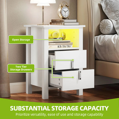 YITAHOME 2 - Piece LED White Bedside Table Set - 2 - Drawer Nightstands with LED Lighting for Bedroom and Living Room