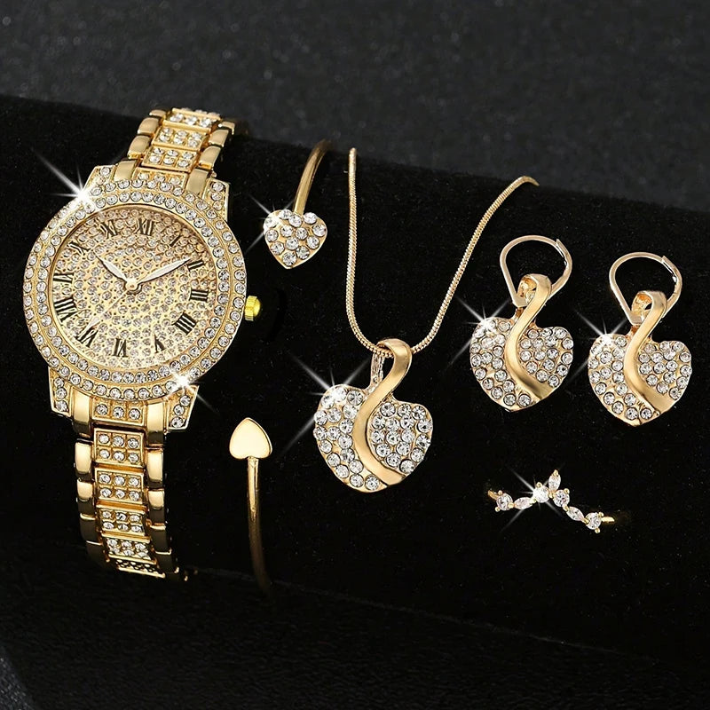 6PCS Women Watch Luxury Elegant Alloy Watch Crystal Wristwatch For Ladies Gift Quartz Watch Alloy Rhinestone Bracelet Montre