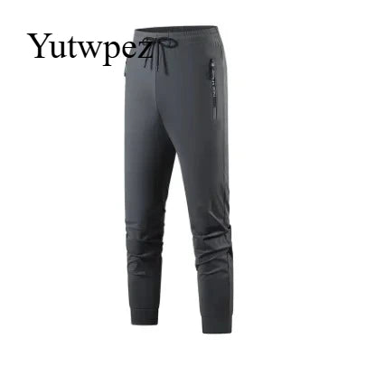 Men's Ice Silk Quick Dry Pants Lightweight Breathable Casual Trousers Elastic Waist Drawstring Sports Pants with Zipper Pockets
