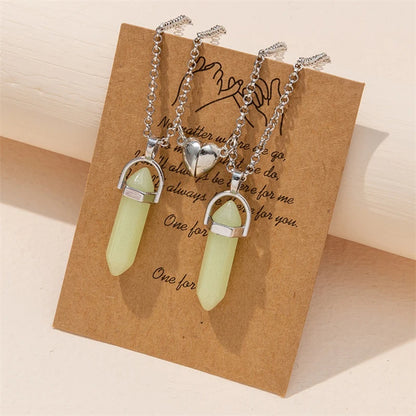 2Pcs/Set Luminous Hexagonal Column Heart Pendant Couple Magnetic Necklace Natural Stone Geometric Pendant Necklace Jewelry Gifts
