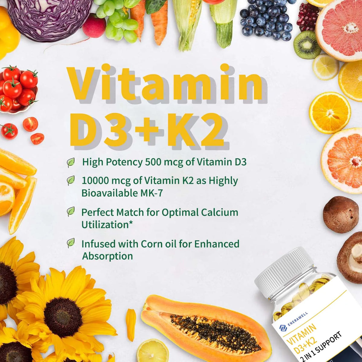 Vitamin D3 K2 MK‑7 Supplement, Nutrient Support for Bone Wellness, Teeth, Heart Health & Immune Function 120 Capsules