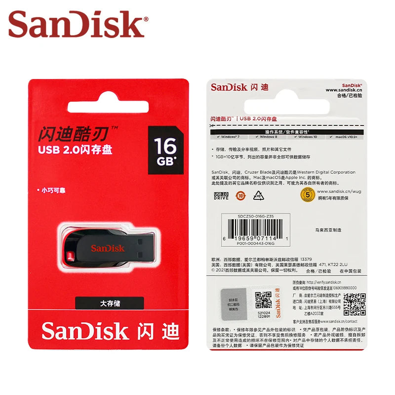 SanDisk USB Flash Drive 128GB 16GB 32GB 64GB Original HIgh Speed Pen Drive Flash Memory Stick USB2.0 U disk for PC USB Pendrive