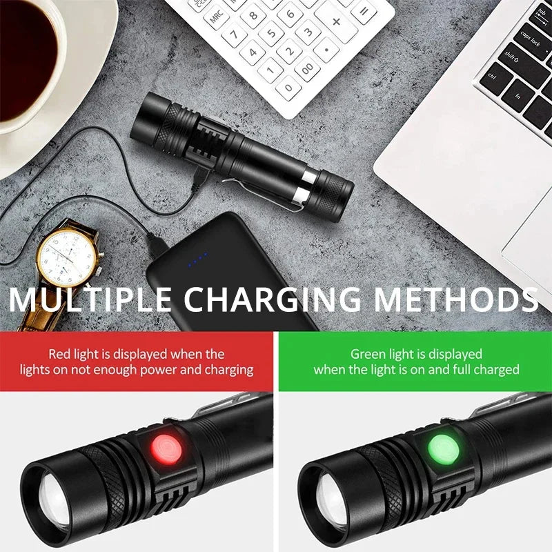 Aluminum Alloy Portable Torch Powerful LED Flashlight USB ReChargeable Outdoor Tactical Zoom Camping Waterproof Flash Light
