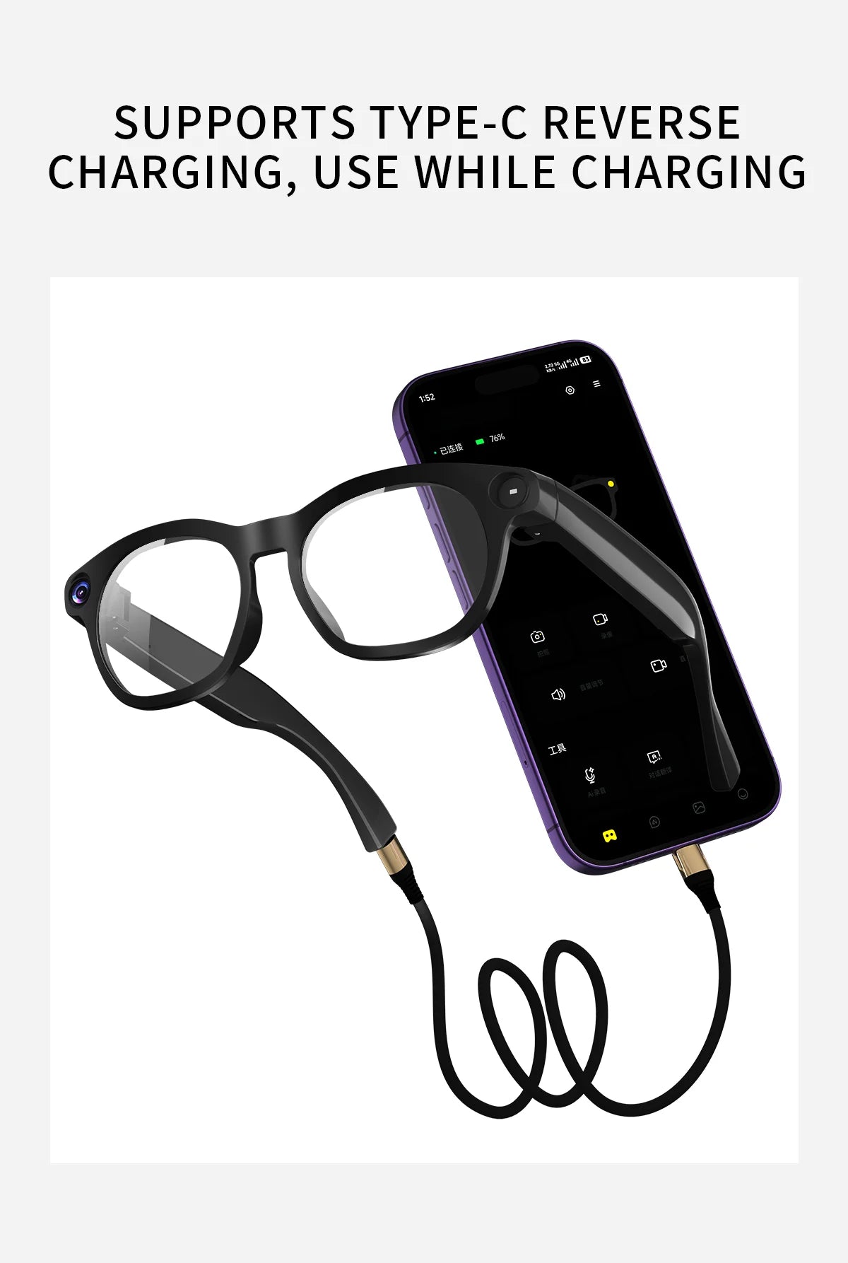 CY03 AI Smart Glasses with Camera 1600x1200 Video Recording Open-Ear Bluetooth 5.3 Headphones Real-time Translation Touch Contro