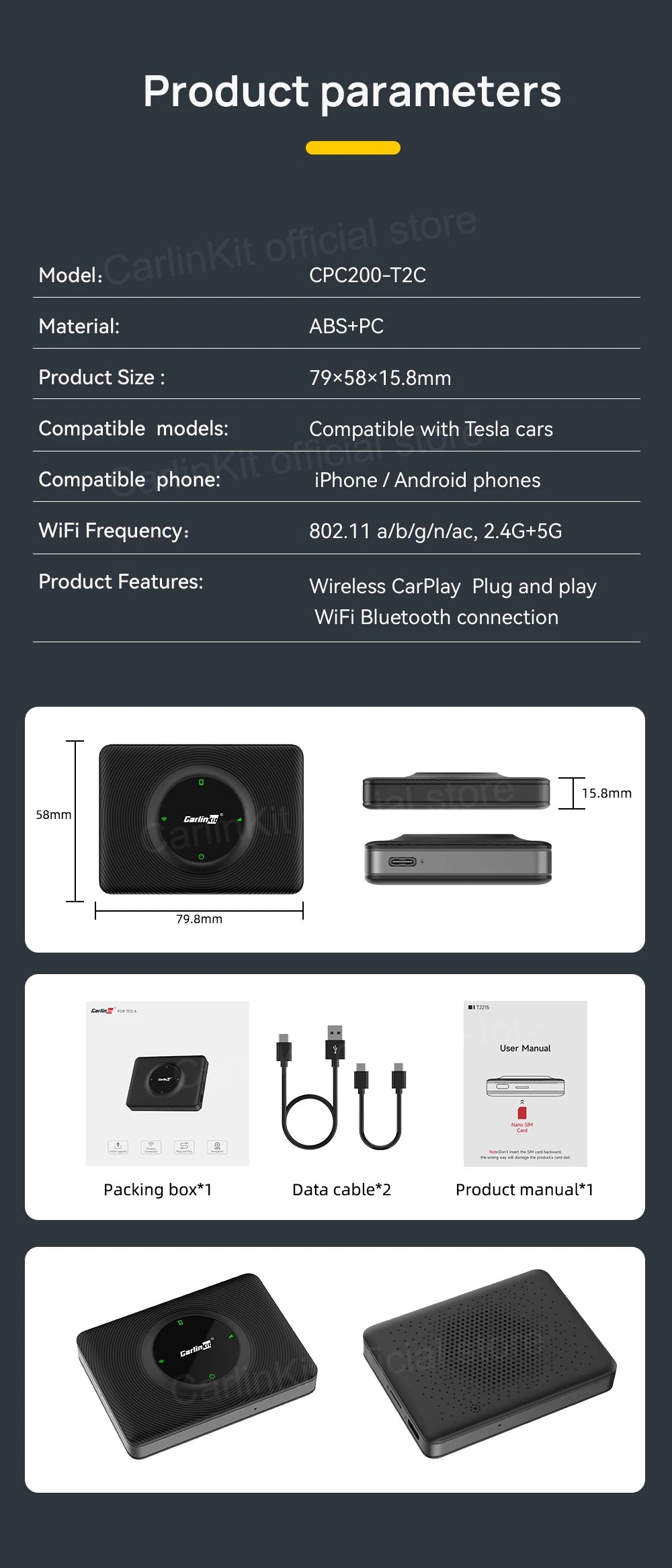 CarlinKit T2C For Tesla Upgrade CarPlay Wireless Android Auto Universal Model 3 Model Y X S 5Ghz WiFi CarPlay Ai Box SpotifyWaze