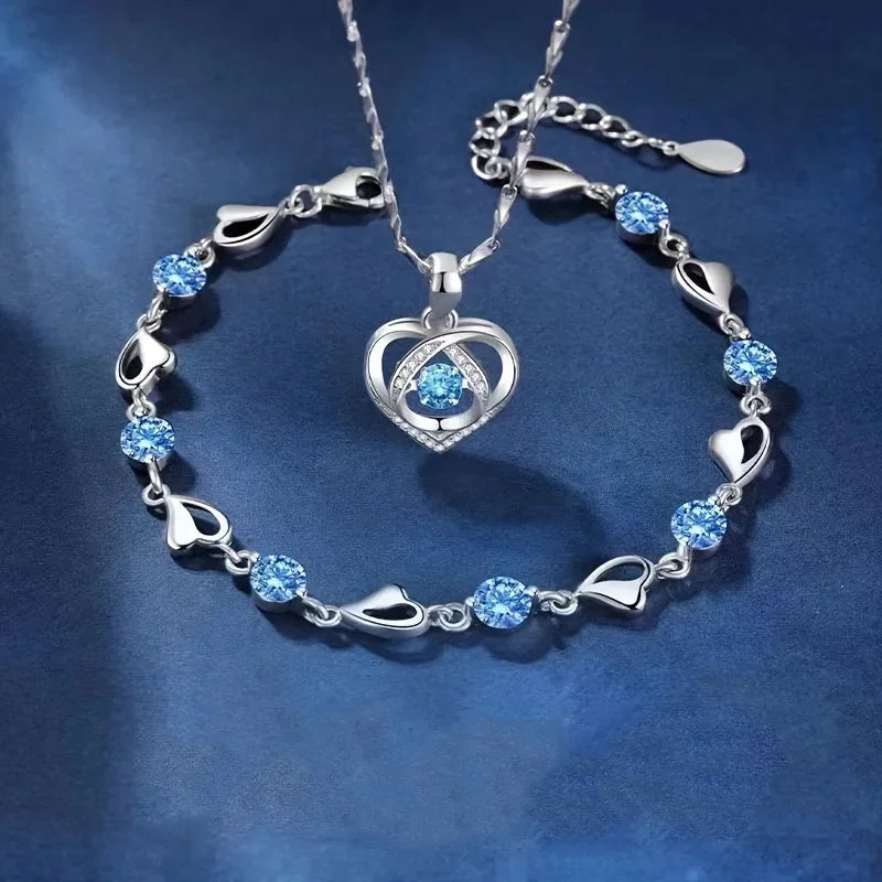 2pcs/set 925 Sterling Silver Heart Bracelet Necklace Jewelry Set for Women Korean Adjustable Charm Bracelet Luxury Party Jewelry