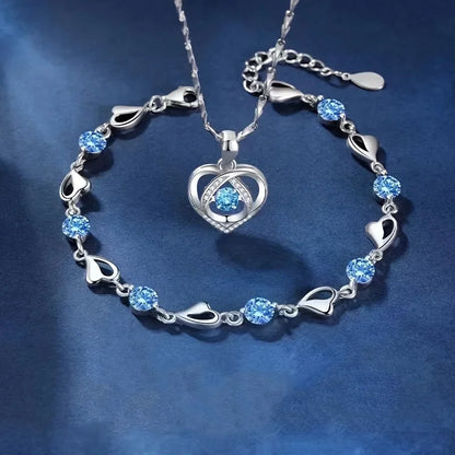 2pcs/set 925 Sterling Silver Heart Bracelet Necklace Jewelry Set for Women Korean Adjustable Charm Bracelet Luxury Party Jewelry