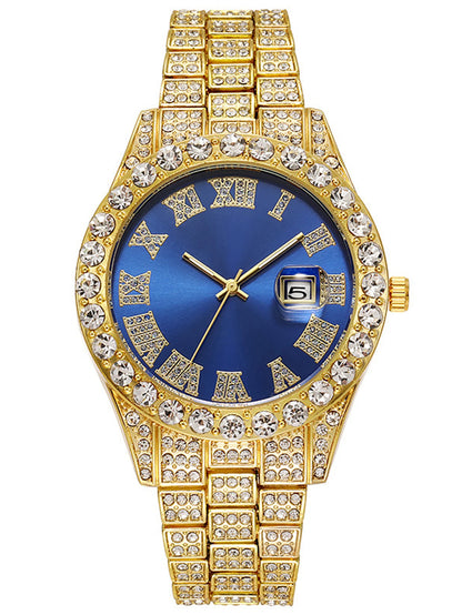 3PCS luxury alloy full diamond rhinestone mirror men's quartz watch with calendar and Hip Hop Cuban Necklace bracelet set