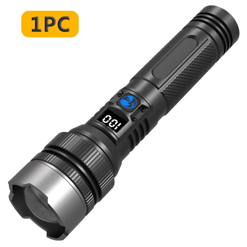 900000LM Powerful LED Flashlight Type-c Rechargeable Zoom Torch with Digital Display Handheld Flashlights for Camping Hiking