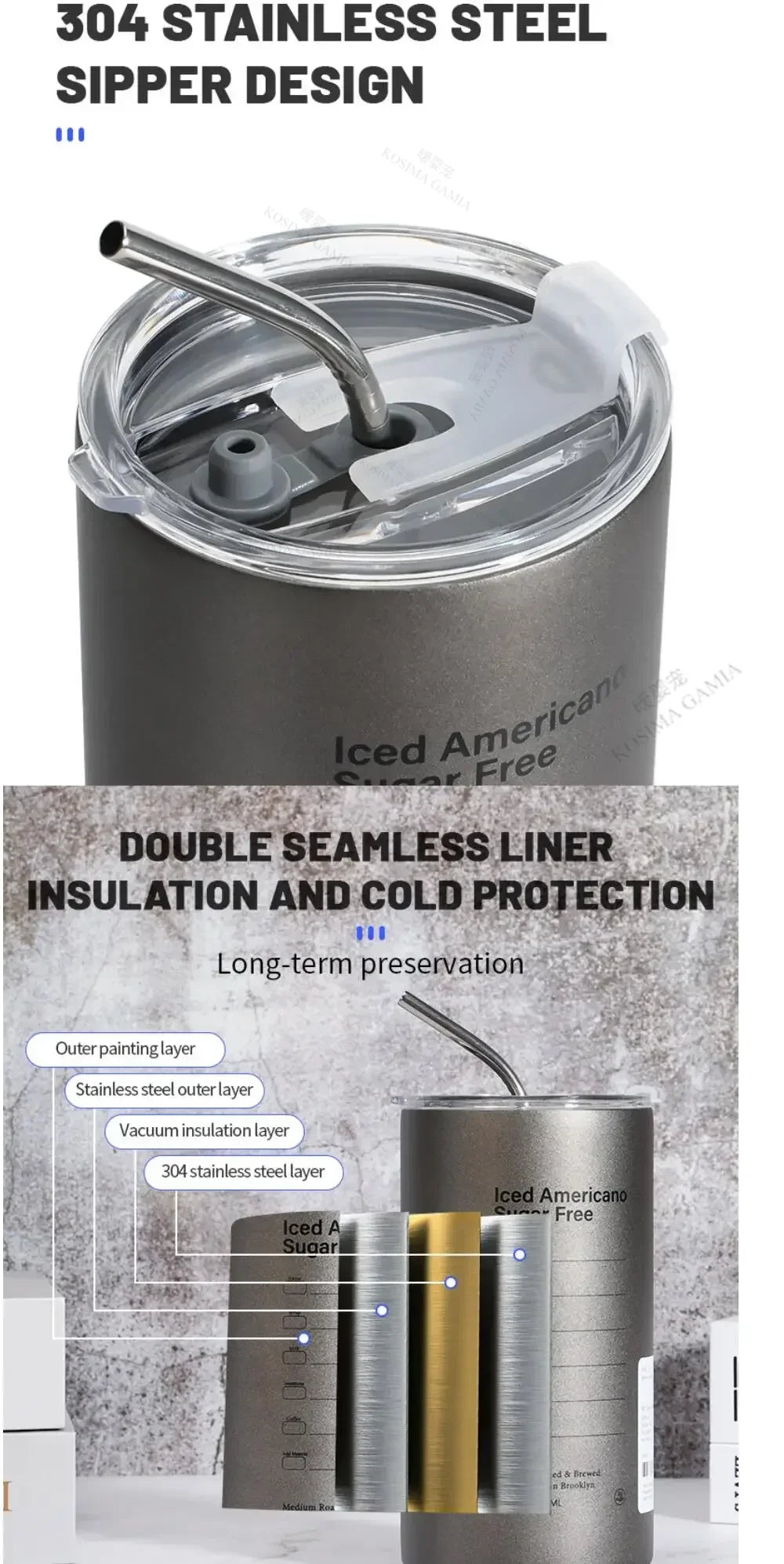 Double Wall Vacuum Insulated Reusable Coffee Tumbler Travel Mug with Straw Hot Cold Leak-proof Dishwasher Safe