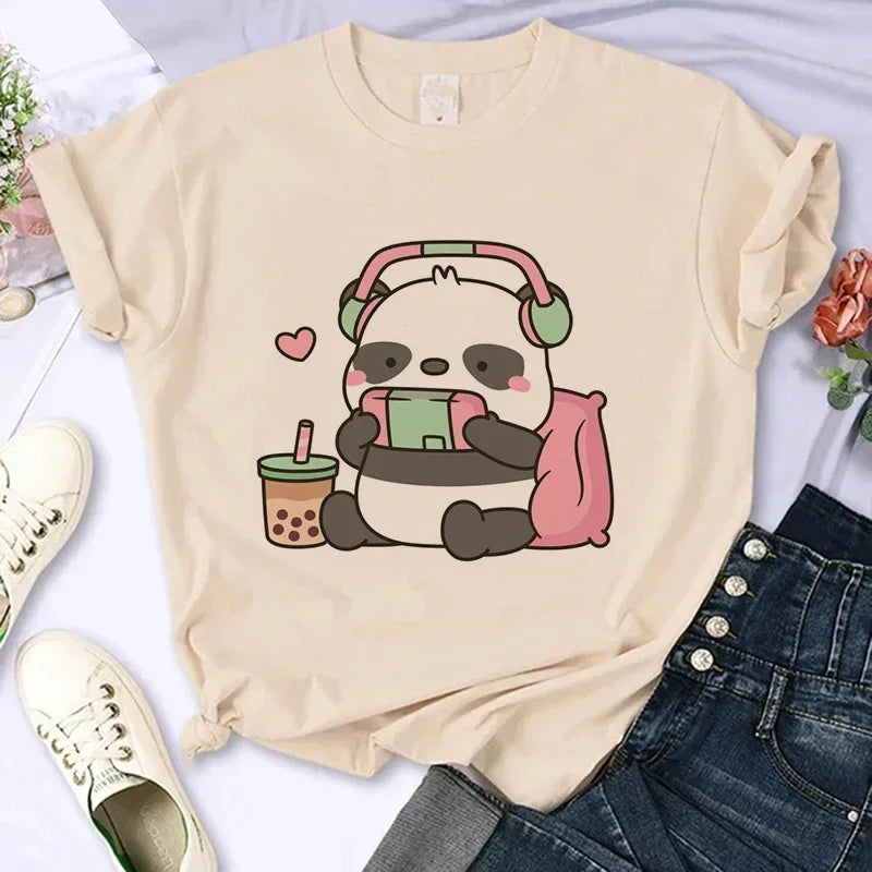 Cartoon Casual Creative T-shirt Vintage Round Neck Clothes Funny Cute Panda Printed T Shirt for Women Summer Sleeve