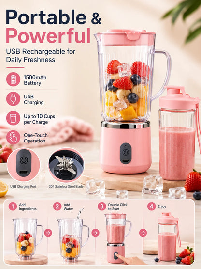Compact 20cm Mini Portable Blender 800ml Large Capacity USB Charging 304 Steel Blade Smoothie Juicer Cup Easy To Clean