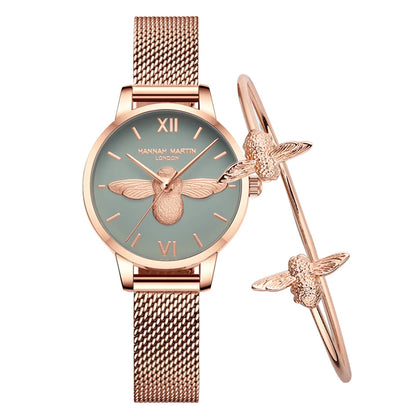 Hannah Martin 2023 New Women Luxury Watch Rose Gold 31mm Classic Casual Girl Dress Watch Bracelet Set 3D Engraved Bee Dial Clock