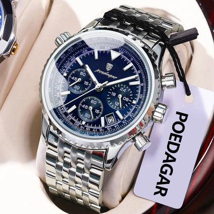 POEDAGAR Luxury Fashion Men Watch Stainless Steel Waterproof Luminous Quartz Male Clock Date Chronograph Military Men's Watches