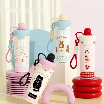 Cute Cat Thermal Water Bottle With Straw Bow Sticker Stainless Steel Thermos For Hot Cold Water Coffee Tea Thermal Cup 600ml