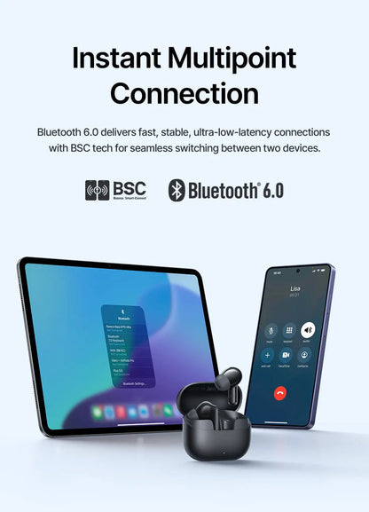 Słuchawki bezprzewodowe Baseus Bass EP10 Ultra — redukcja szumów -55dB, 65 godzin odtwarzania, Bluetooth 6.0, 6 mikrofonów, wyraźne połączenia AI