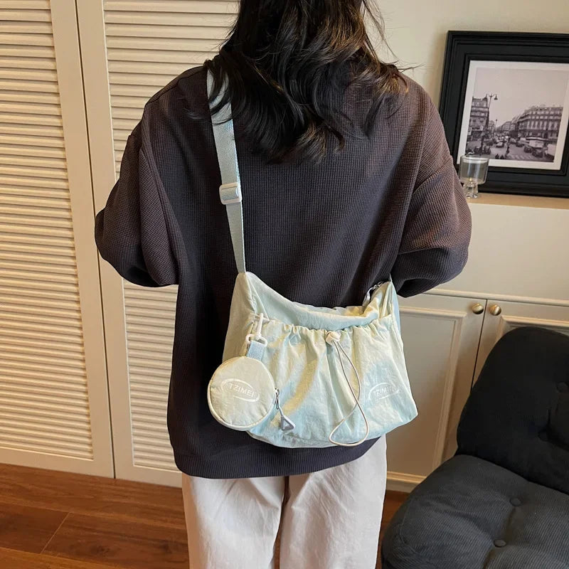 Chic Nylon Crossbody Bag Casual Drawstring Messenger Bag with Detachable Pouch, Adjustable Strap Shoulder Purse for Daily Travel