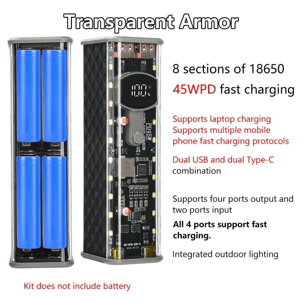 8Slots 18650/21700 Power Bank Case DIY Kit Mecha Transparent Quick Charge Flash Charger Battery Case Kit Power Bank Box Type C