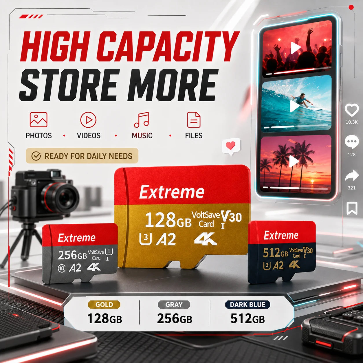High Speed Micro TF SD Card 128GB 256GB Class10 U3 V30 for Camera Drone Driving Recorder Waterproof Memory Card