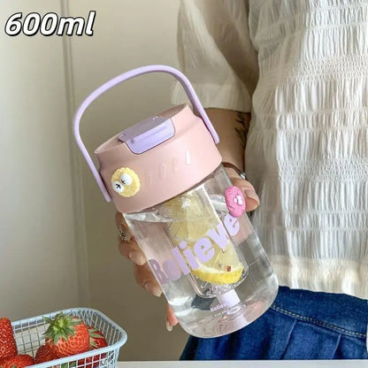 600/800ml Large Capacity Sports Water Bottle With Hidden Straw Portable Sealed Leak-Proof Plastic Cup Outdoor Travel Camping
