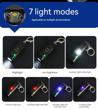 Strong MINI Flashlight Multi-function Keychain Light Mini LED Key Torch Lamp Rechargeable 7 Lighting Modes Camping Fishing