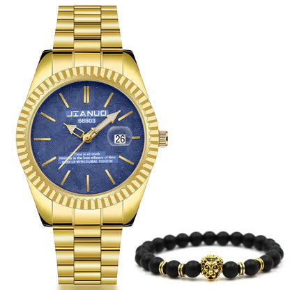 Luxury men's steel band watch calendar embossed atmosphere trend gold business quartz watch 2-piece set lion bracelet watch