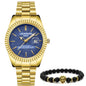 Luxury men's steel band watch calendar embossed atmosphere trend gold business quartz watch 2-piece set lion bracelet watch
