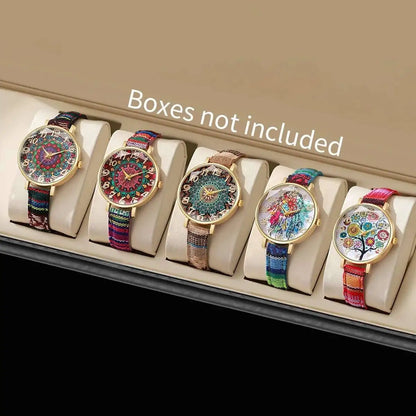 1/2/3/5PCS Fashion Women Watches Vintage Flowers Printed PU Strap Quartz Watch Reloj Mujer（Without Box）