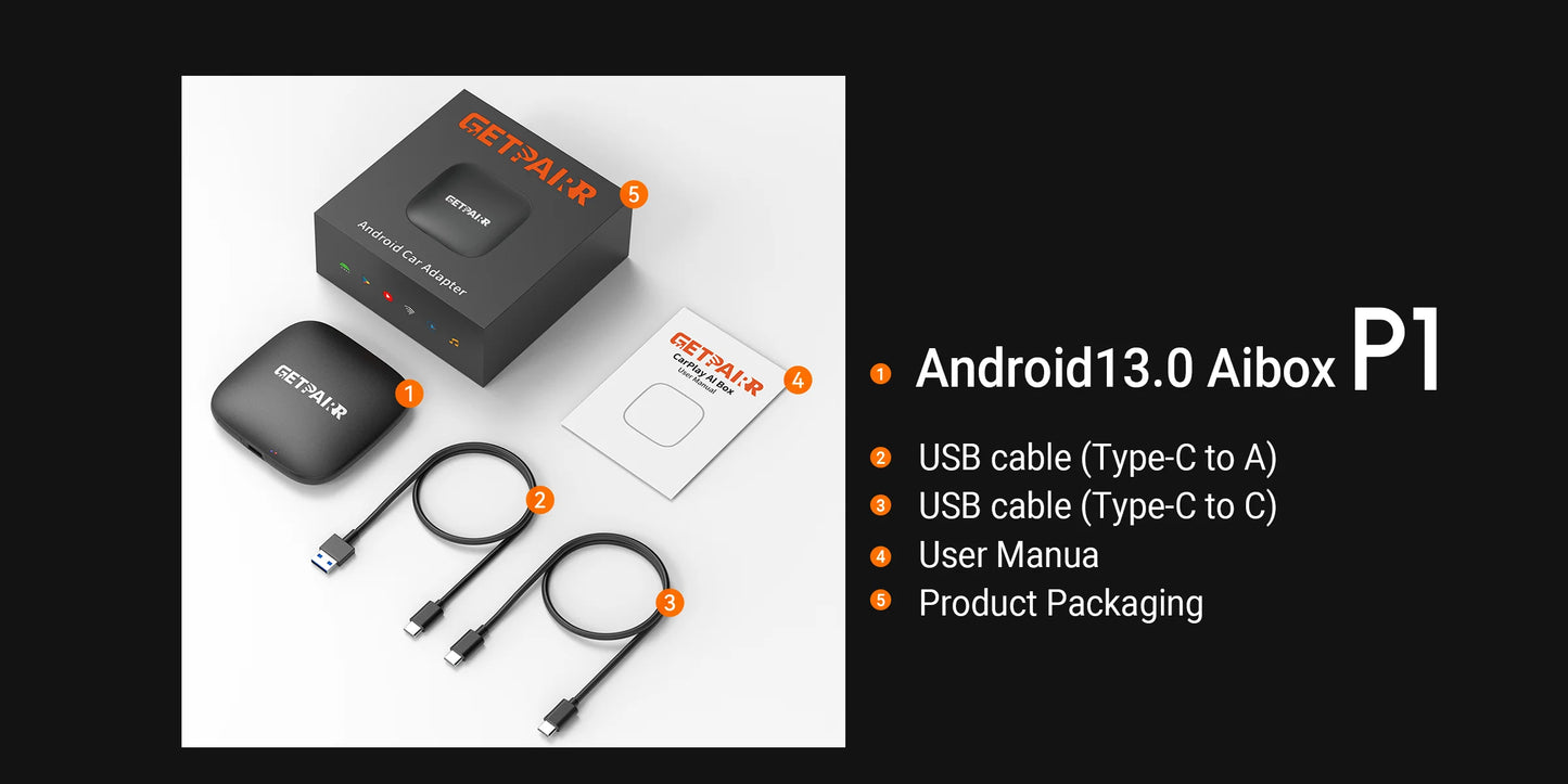 GetPairr P1 Android 13 AI Box 8GB 128GB Wireless CarPlay Android Auto Aadpter Youtube Video Box for Car with Wired Carplay