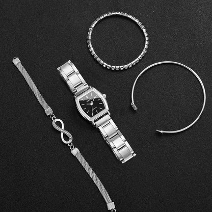 4PCS/Set Fashion Women Watches Elegant Silver Alloy Strap Quartz Wristwatch Rhinestone Bracelets Set Reloj Mujer(Without Box)