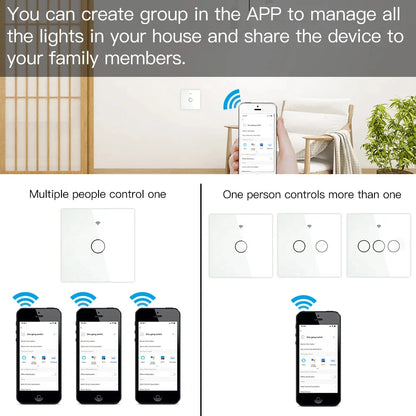 Tuya Wifi/Zigbee RF433 EU Smart Wall Switch 1/2/3/4 Gang Touch Sensor Button No-Neutral Wire,Voice With Alexa Google Home