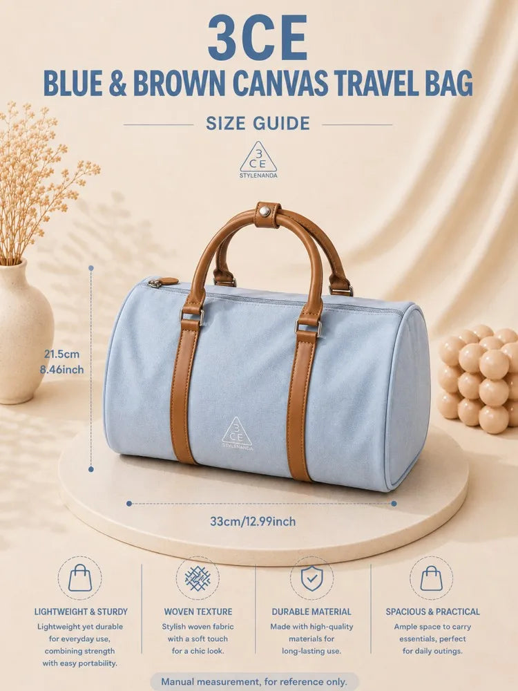 3CE Blue & Brown Color-Block Canvas Travel/Makeup Bag – Suitable for outdoor trips; spacious enough to store various cosmetics