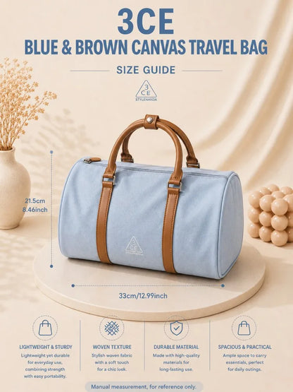 3CE Blue & Brown Color-Block Canvas Travel/Makeup Bag – Suitable for outdoor trips; spacious enough to store various cosmetics