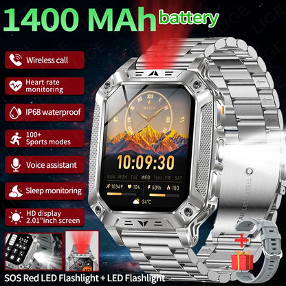 LIGE Wojskowy Inteligentny Zegarek 2.01'' Ekran HD Outdoor Sportowy Męski Zegarek SOS Czerwony Alarm Migająca Latarka Monitor Zdrowia Smartwatch