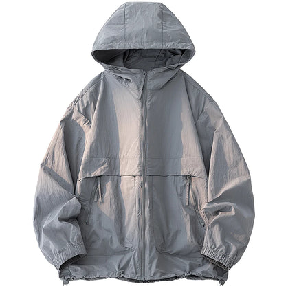 UPF50+ Men's Hooded Sunscreen Jacket Summer Ultra Thin Zipper Pocket Windbreaker Elastic Cuffs Outdoor Hiking Fishing Skin Coats