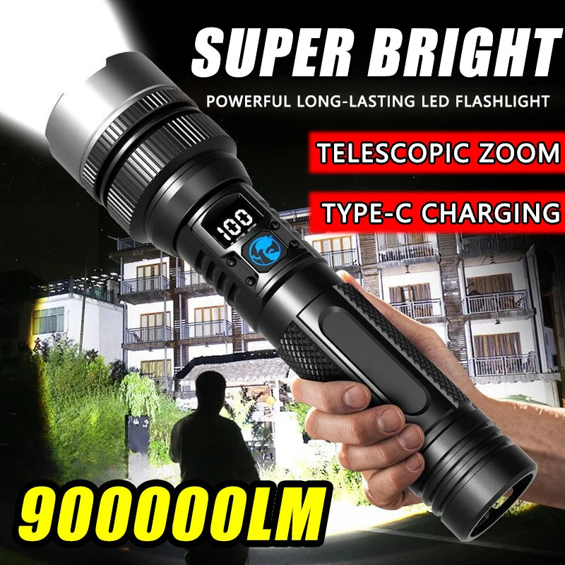 900000LM Powerful LED Flashlight Type-c Rechargeable Zoom Torch with Digital Display Handheld Flashlights for Camping Hiking