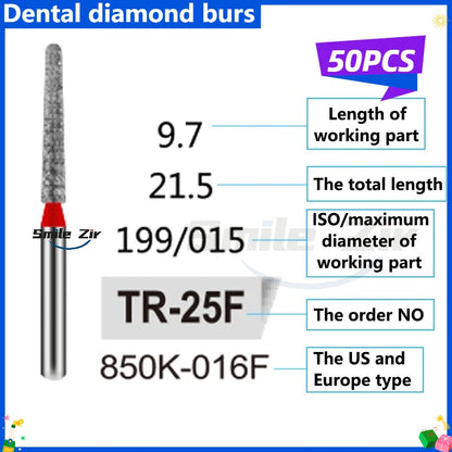 50Pcs Dental Dentist Diamond Burs Drill FG 1.6mm Bur for High Speed Handpiece FG Dental Bur Stomatology Dentistry Grinding Tools