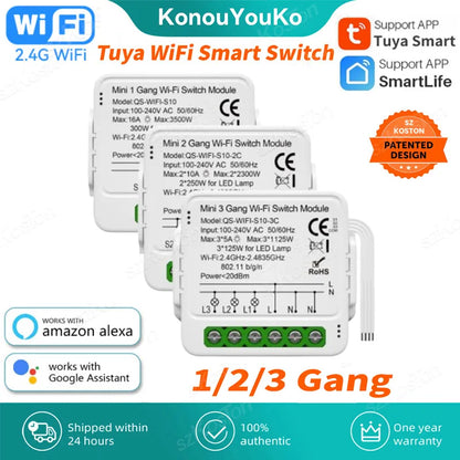 Tuya WiFi Smart Switch Module 1/2/3 Gang Switch Mini Smart DIY Breaker Smart Life 2 Way Control Works with Alexa Google Home